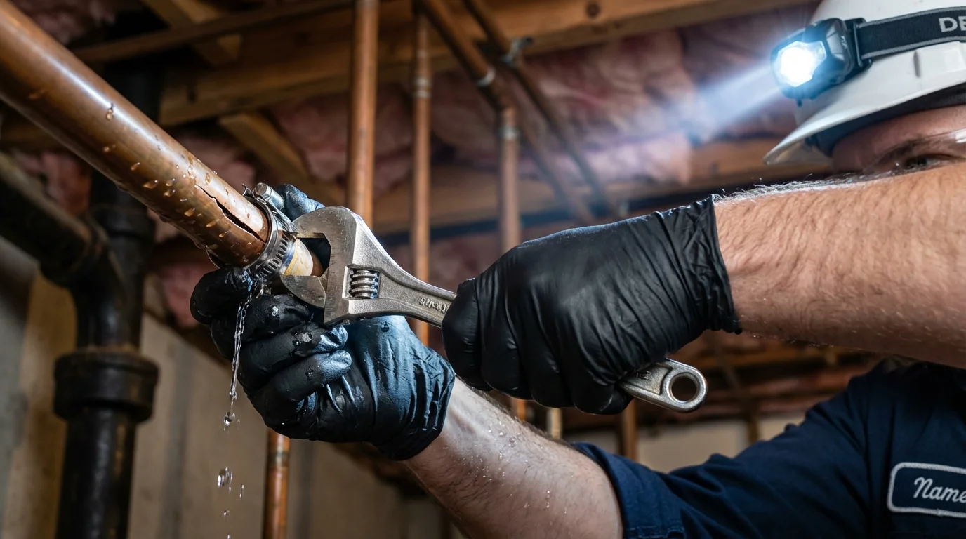 Emergency pipe clamp repair being performed by a Johns Plumbing LLC plumber in Mount Orab
